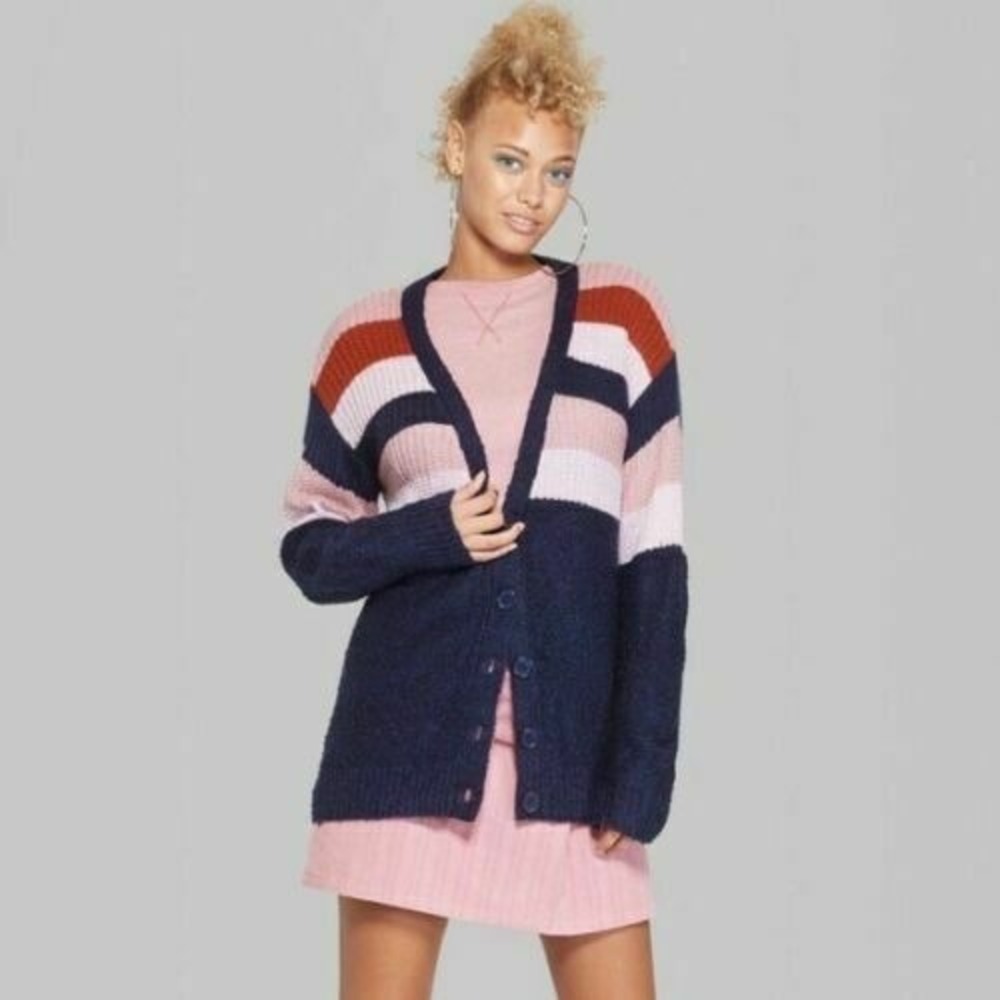 NWT Wild Fable Oxford Blue‎ Button Front Colorblock Grandpa Cardigan Size Med